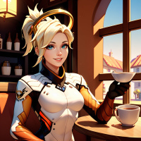 Картинки с игрой. Overwatch Мерси наслаждается отдыхом в открытом кафе.