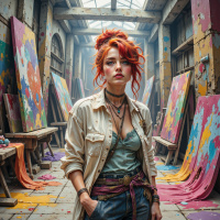 Фотогрфии с картиной. Визионер с рыжими кудрями и кистями для рисования