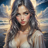 Пейзаж с лунным берегом и портретом девушки