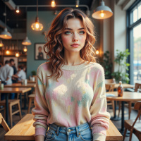 Изящная девушка с блестящими глазами в кафе