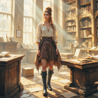 Женщина в историческом костюме читает книги
