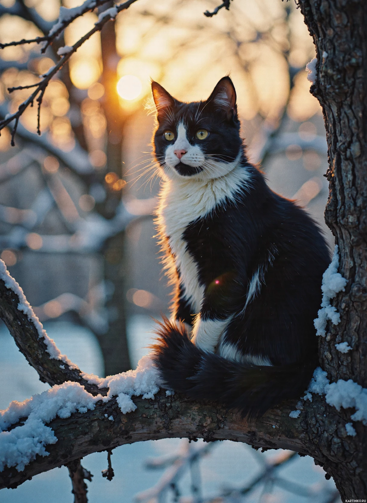 Зимний кот, примостившийся на ветке