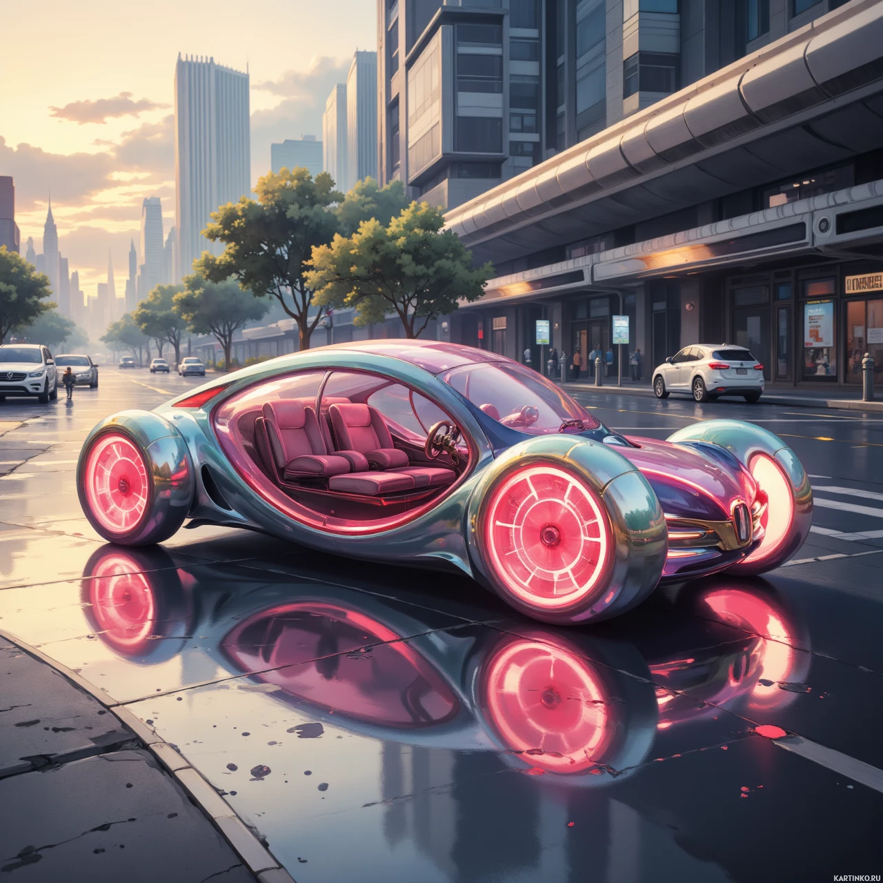Футуристический автомобиль на мокрой дороге