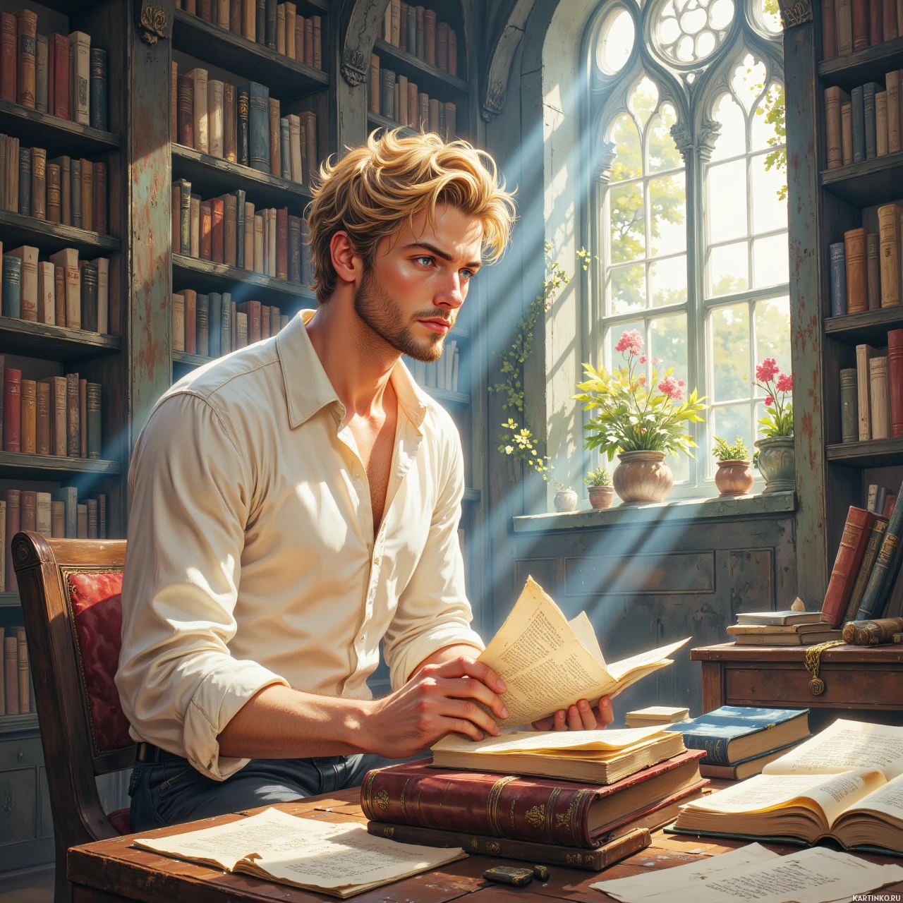 Мужчина, увлечённо читающий книгу