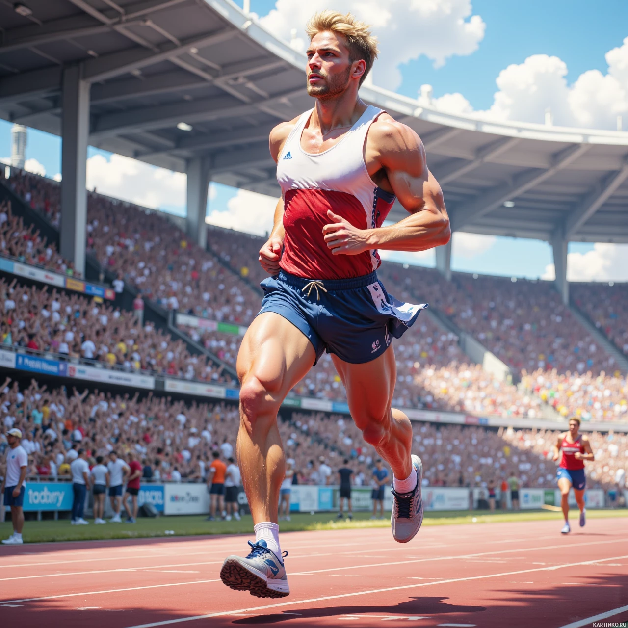 Спортсмен во время бега на стадионе