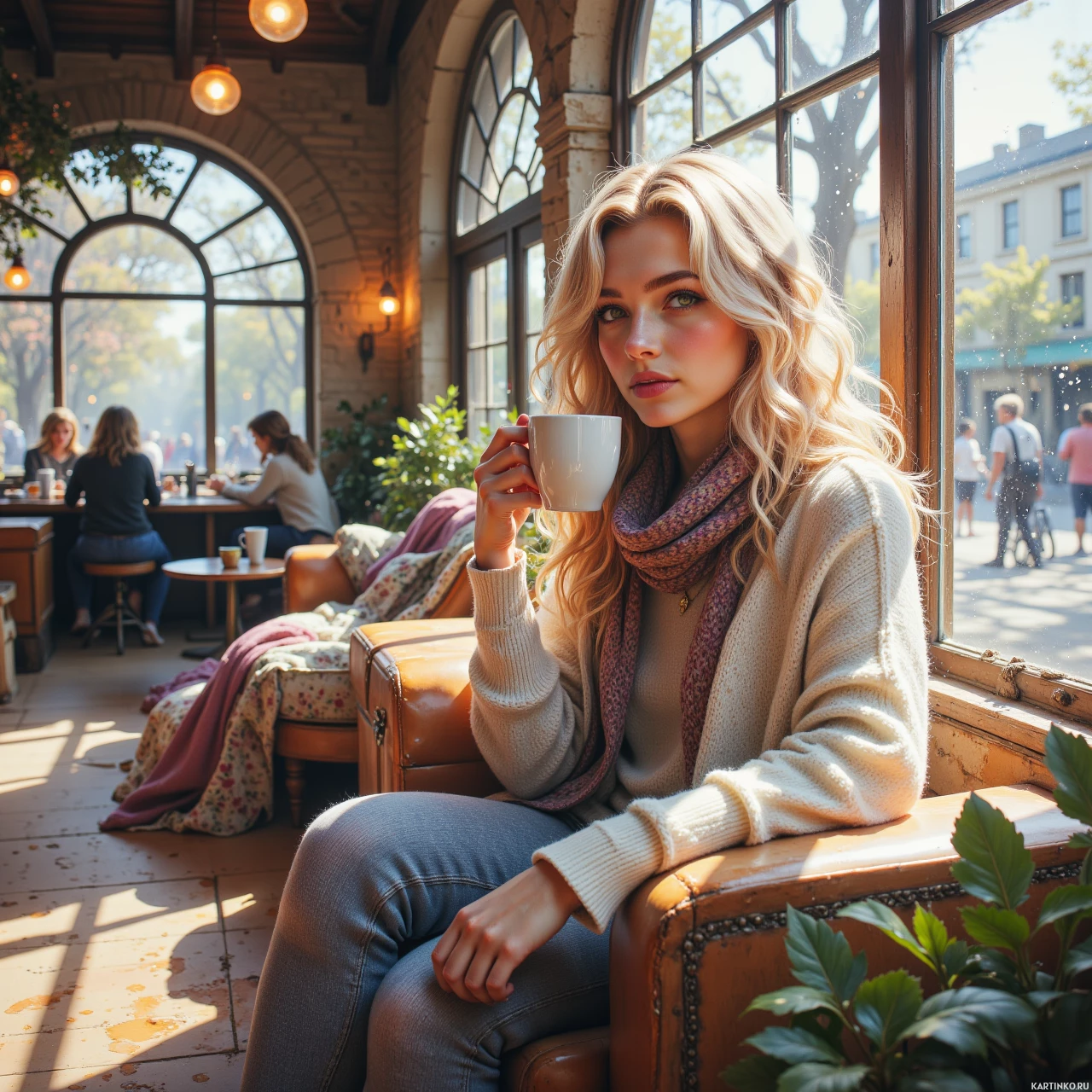 Молодая девушка пьет кофе в уютном кафе
