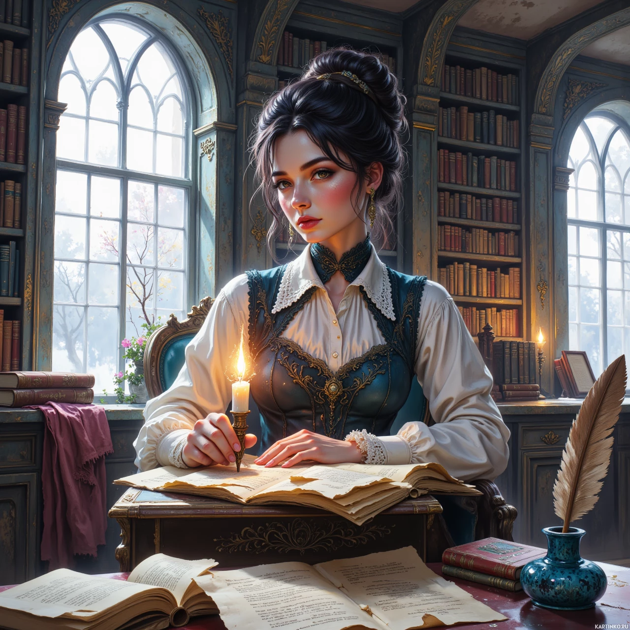 Книжная полка и уютный кабинет при свечах