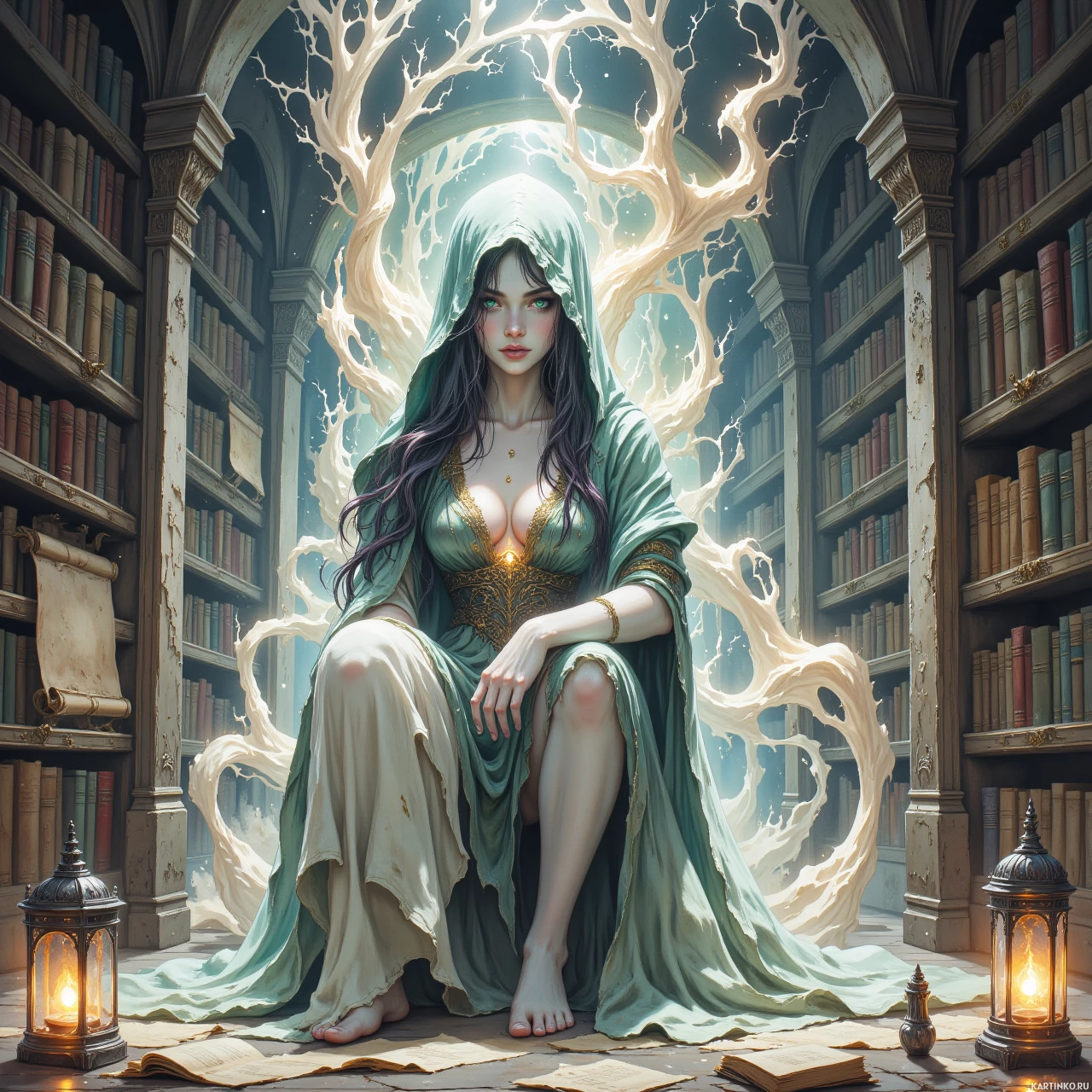 Фигура в капюшоне среди книг и знаний