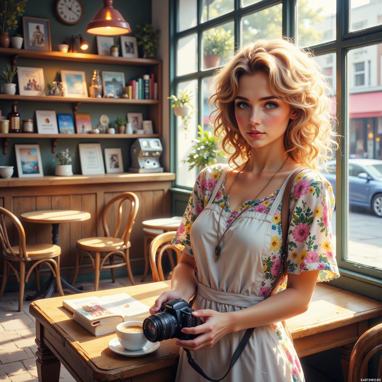 Женщина позирует с фотоаппаратом
