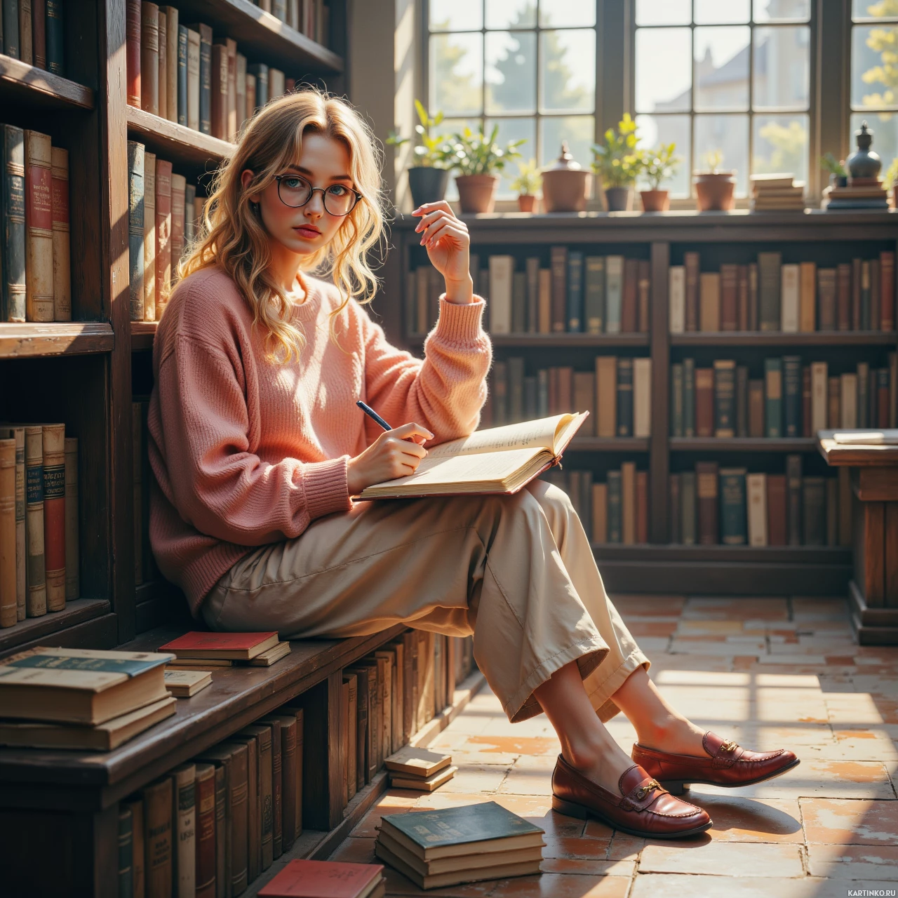 Девушка, сидящая в библиотеке, окруженная книгами