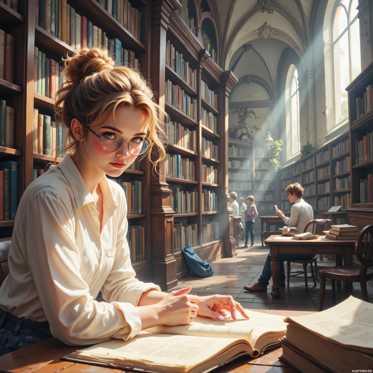 Девушка увлеченно изучает старинную книгу