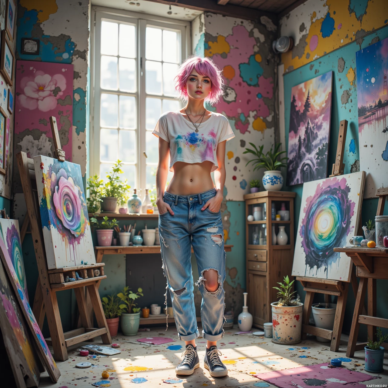 Розовые волосы и красочная фотостудия