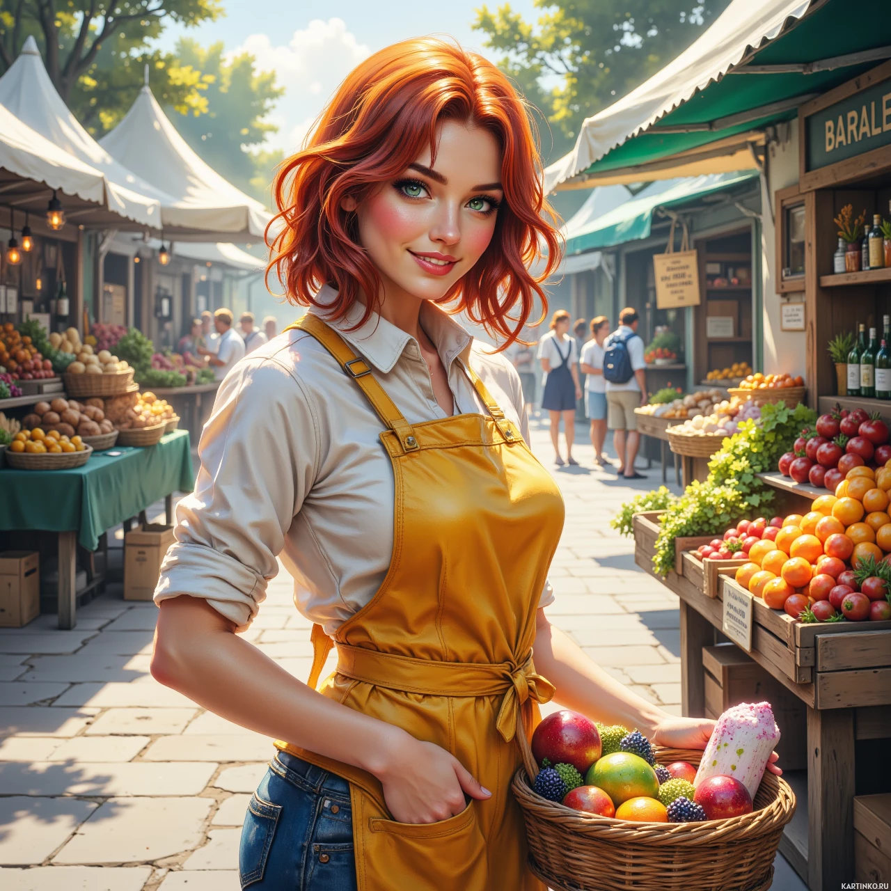 Рыночная площадь, на которой стоит рыжеволосая девушка
