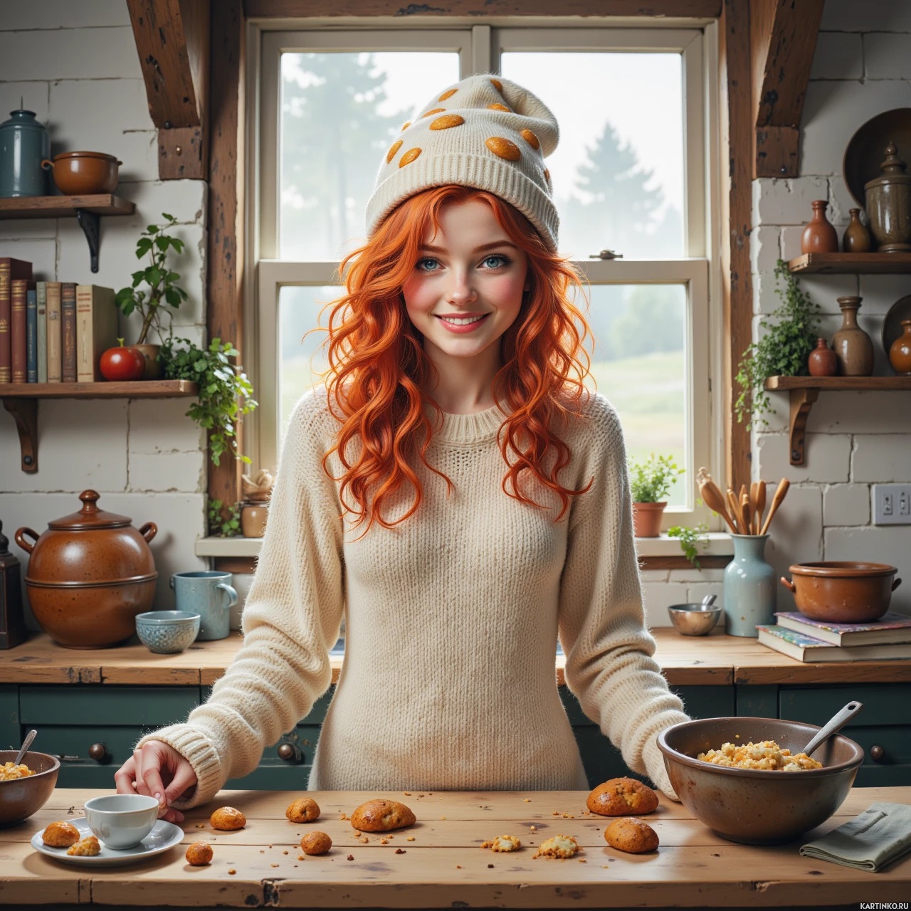 Рыжеволосая пекарь работает на кухне
