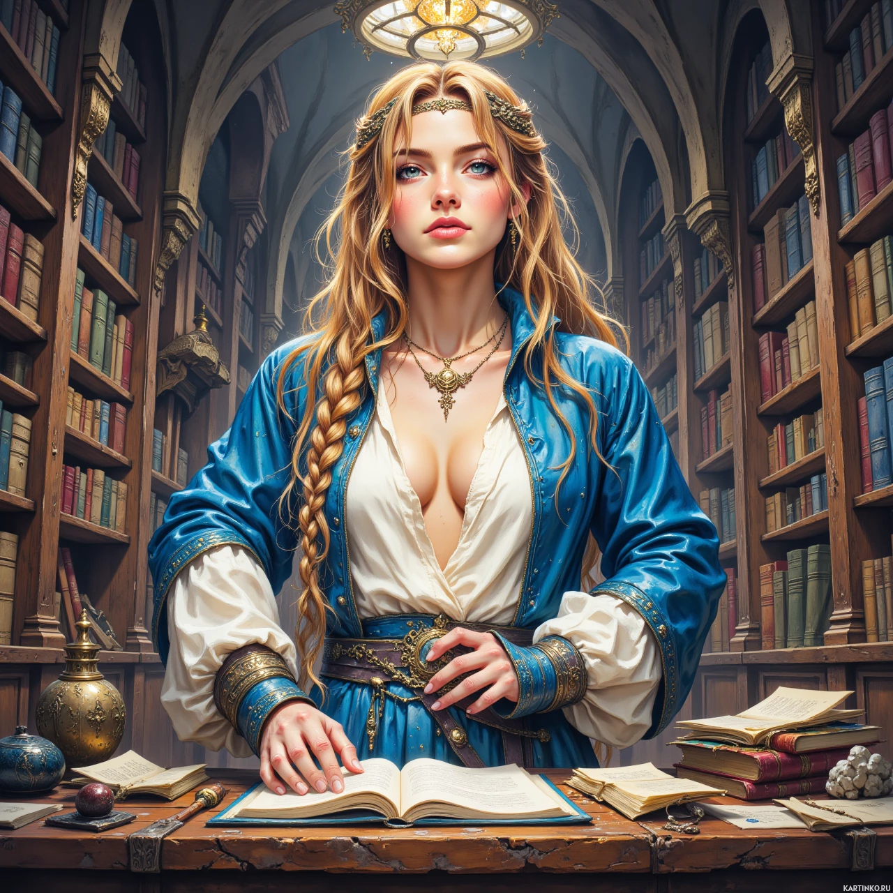 Сказочный персонаж на фоне исторических книг