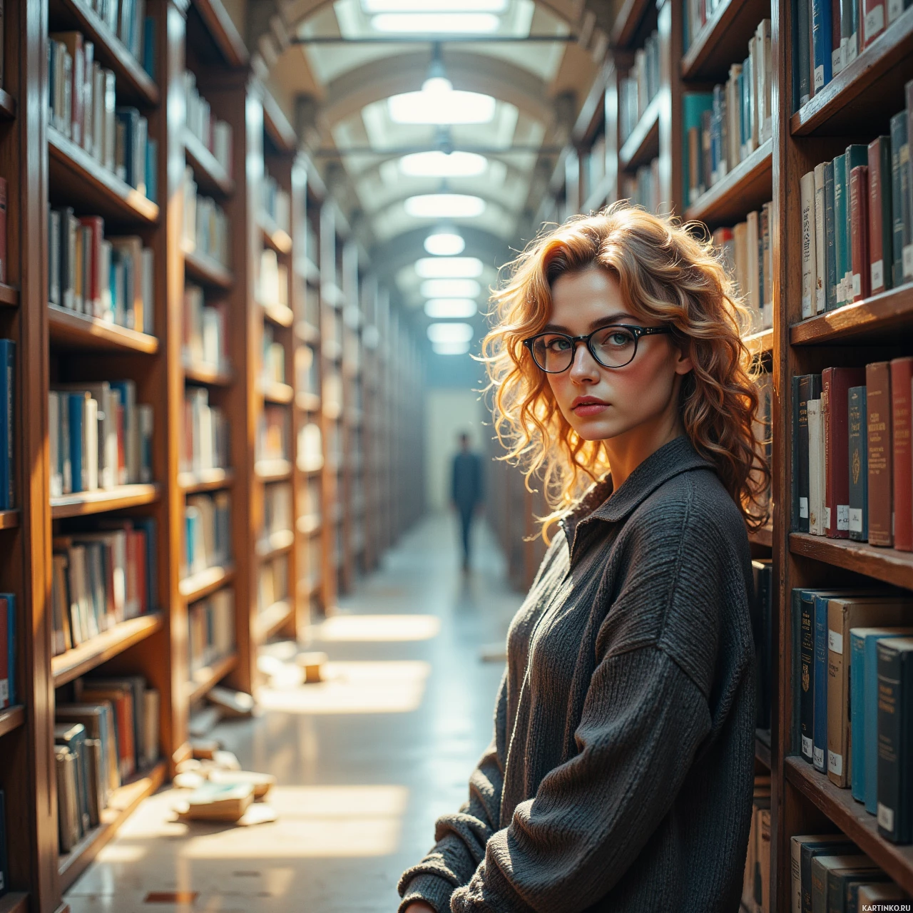 Девушка читает книгу в библиотеке