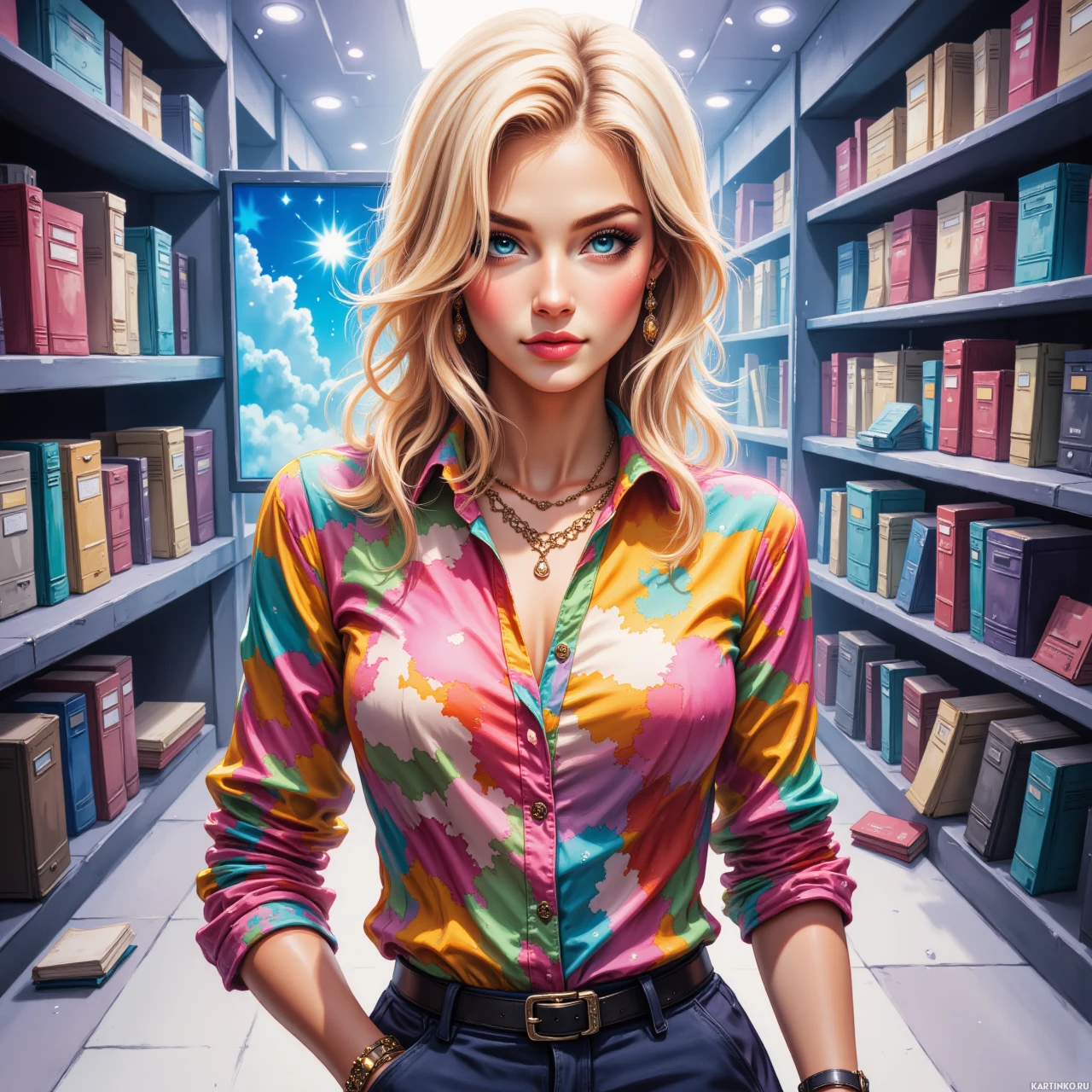 Сцена футуристической библиотеки с девушкой в главной роли