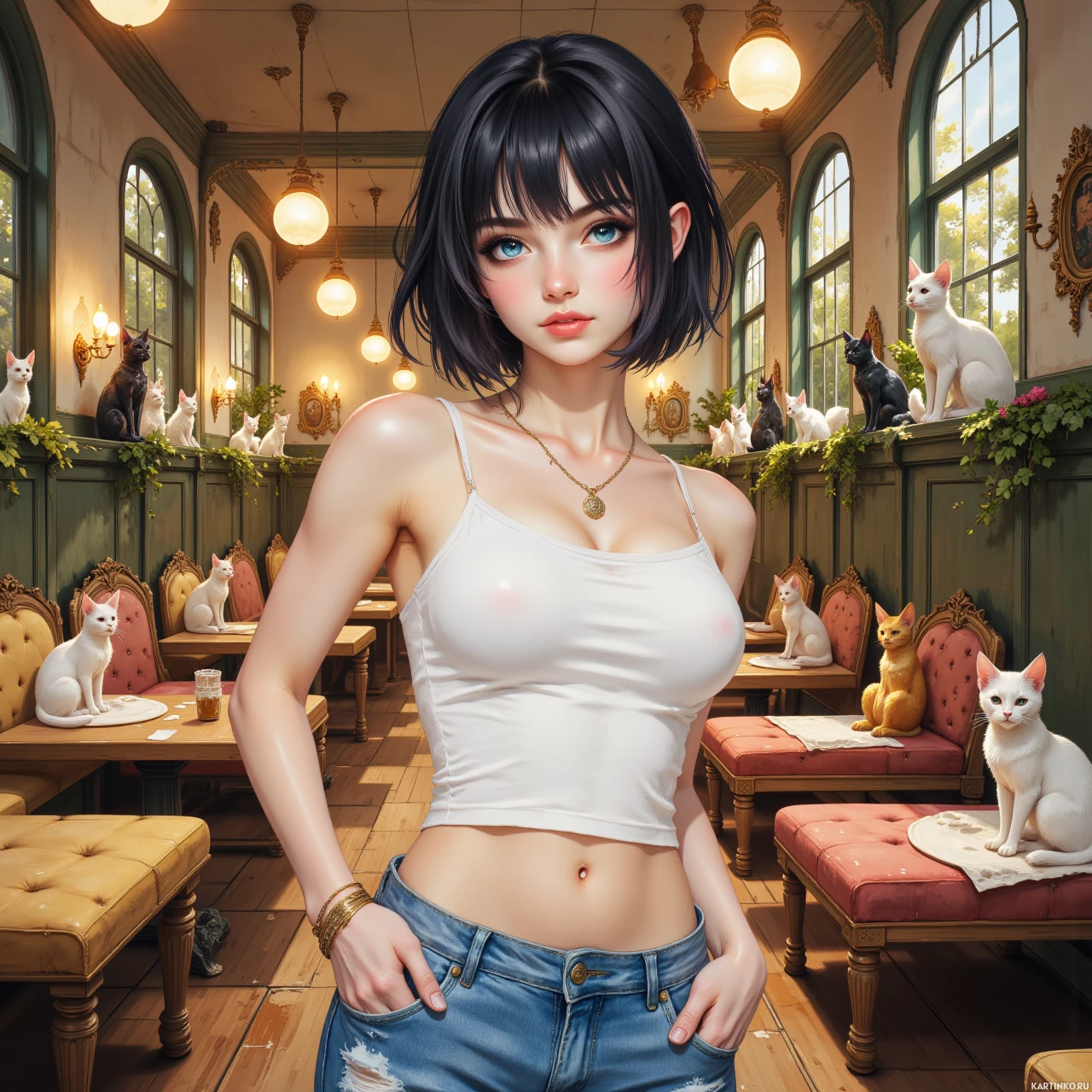 Яркая картинка брюнетки, играющей с кошками