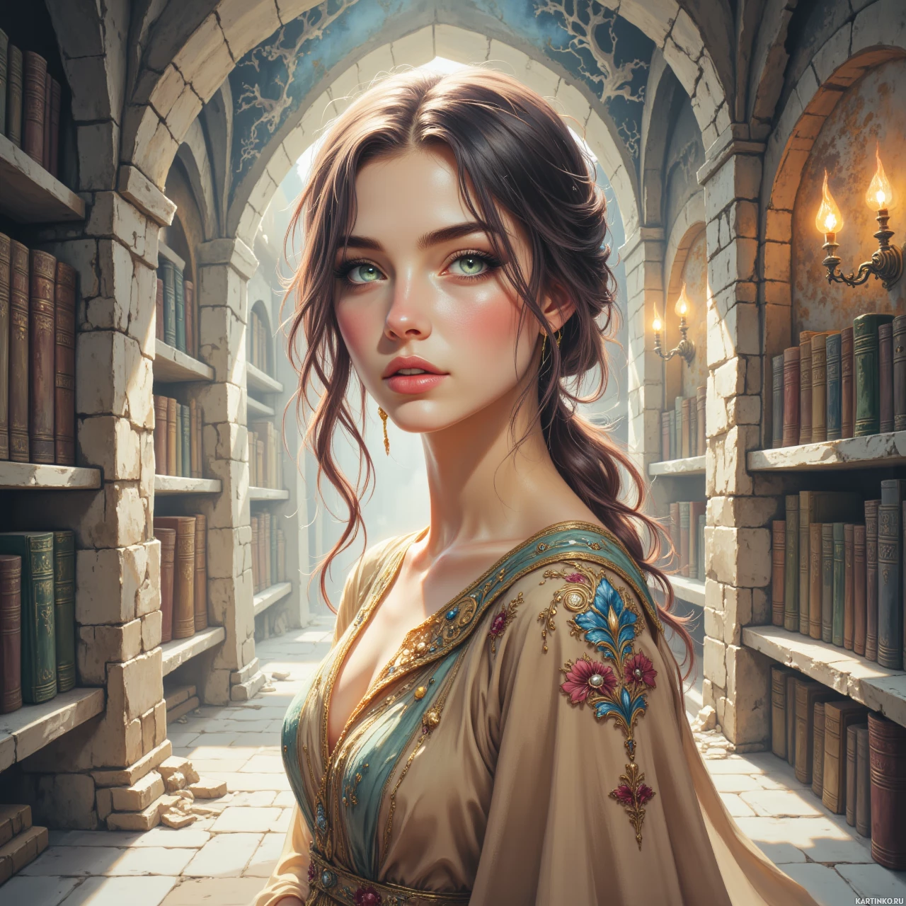 Портрет молодой девушки на фоне старинных книг