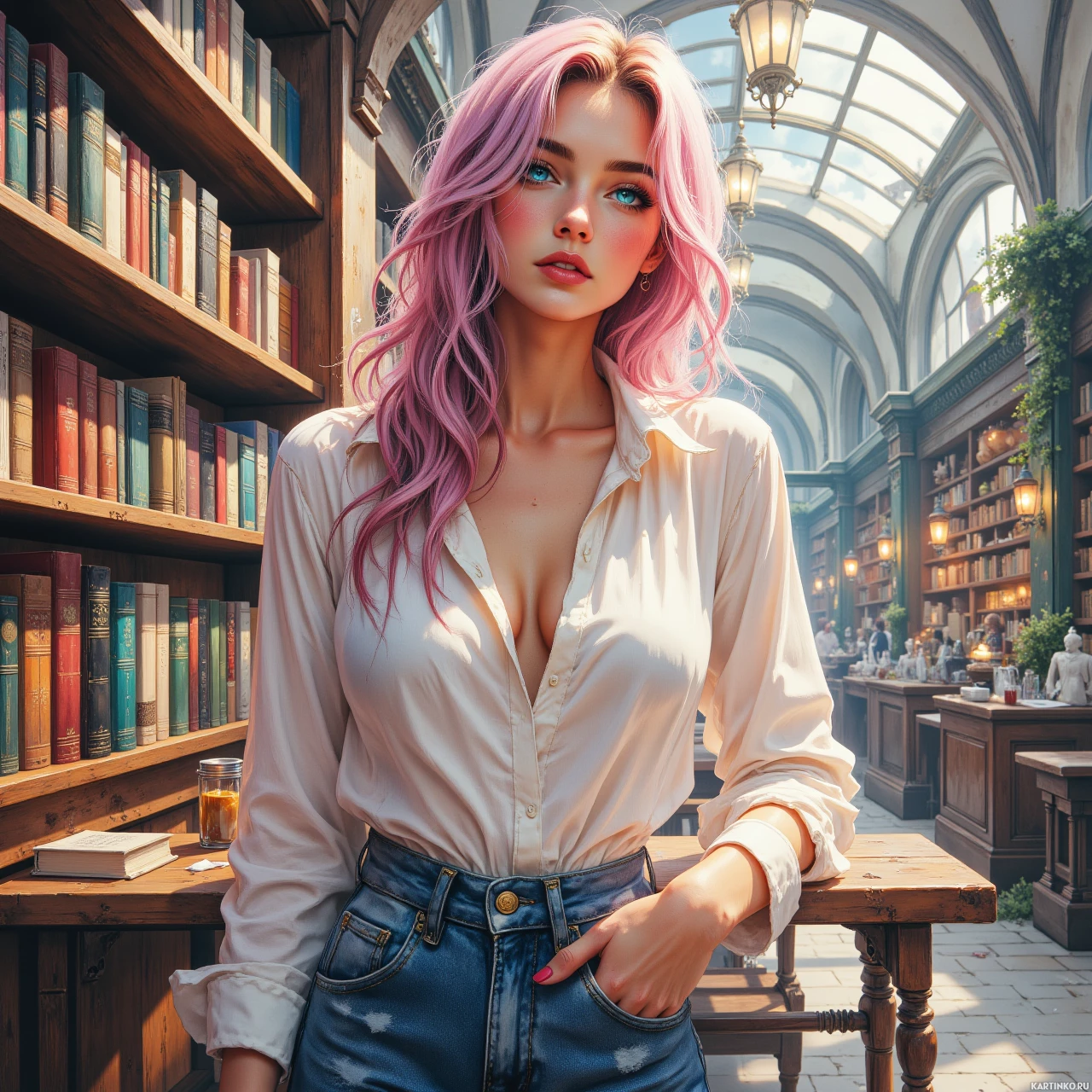 Молодая девушка в книжном магазине