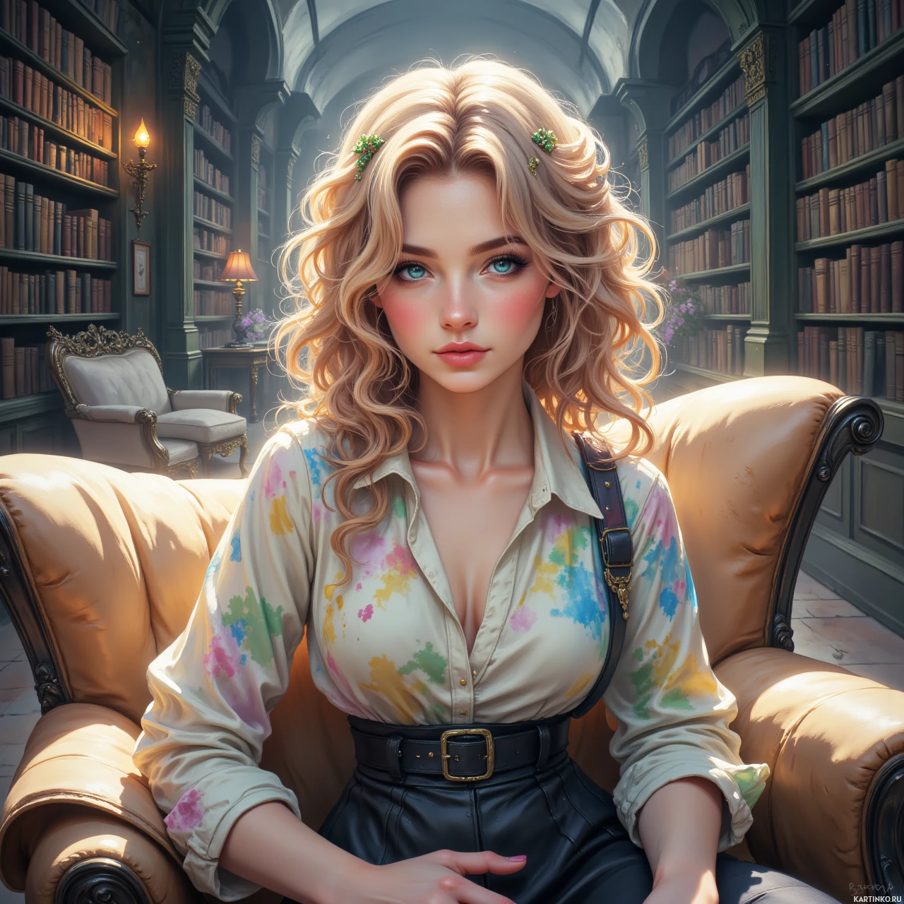 Красивая блондинка в библиотеке среди книг