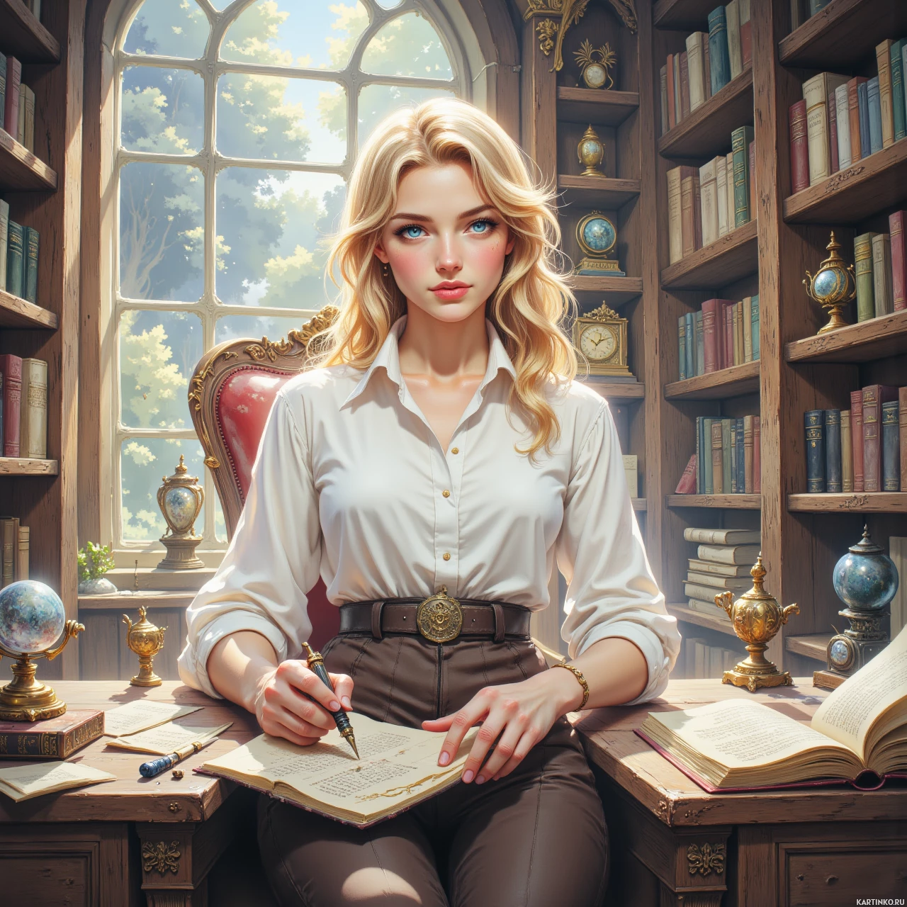 Девушка читает книгу в библиотеке