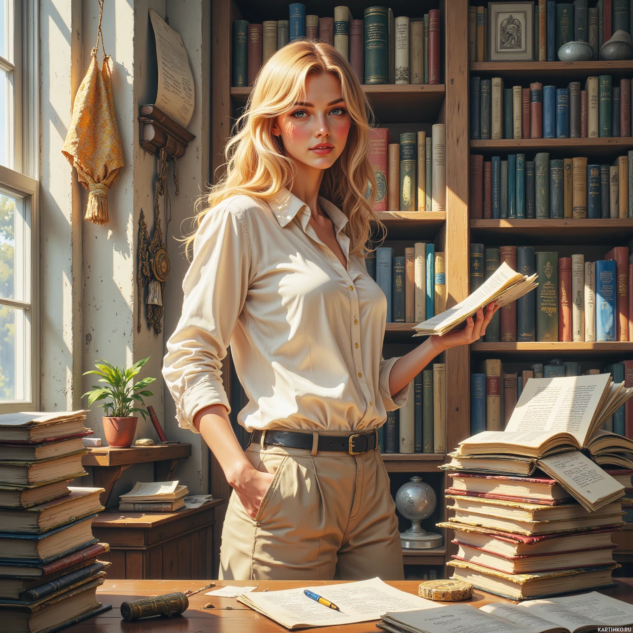 Девушка со светлыми волосами читает книгу