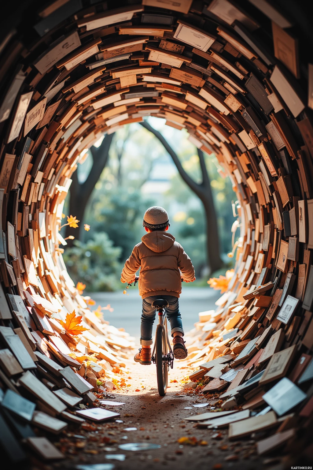Ребенок и велосипед в осеннем книжном лабиринте